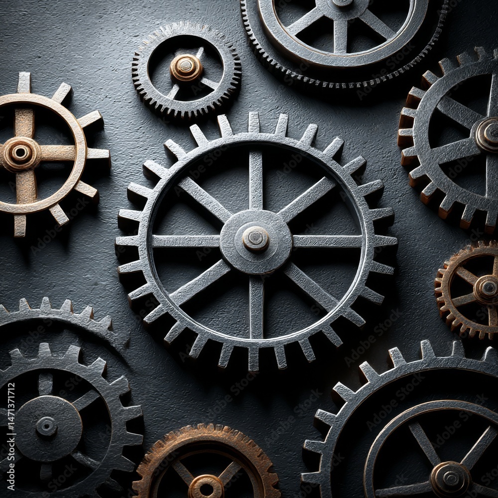 Fototapete steampunk gears: a detailed view of interlocking cogs on a dark textured background showcasing preci