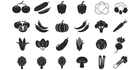 Assorted Vegetables and Fruits Collection Black and White Vector Set	