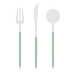 Modern Elegant Cutlery Illustration – Silver and Green Fork, Spoon, and Knife Set