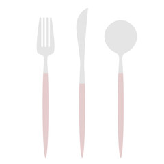 Modern Elegant Cutlery Illustration – Silver and Pink Fork, Spoon, and Knife Set