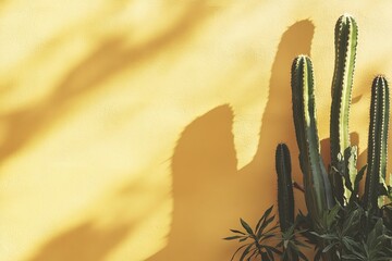 Sunlight casting cactus shadows on a pale yellow wall. Warm minimal background for summer fashion promo.