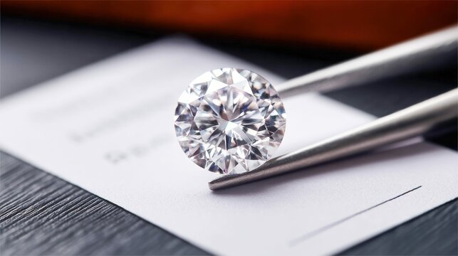 A dazzling diamond held in tweezers, resting on a document, showcasing its brilliance.