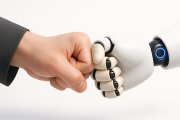 Human and Robot Fists Meet with AI Symbol - Exploring Connection, Collaboration, and the Potential for Confrontation Between People and Artificial Intelligence. Fist Bump.