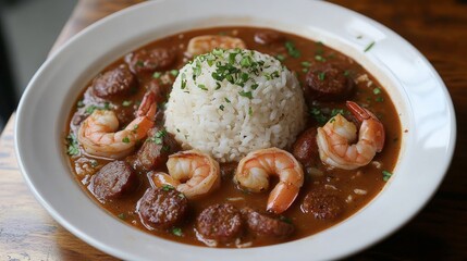 Delicious seafood dish with rice and sausage.