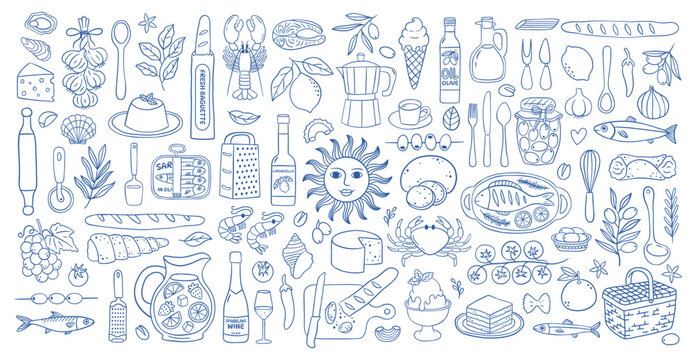 Hand drawn doodle mediterranean set with Italian food, ingredients and kitchen utensils in blue line style. Dolce vita Italian icon elements