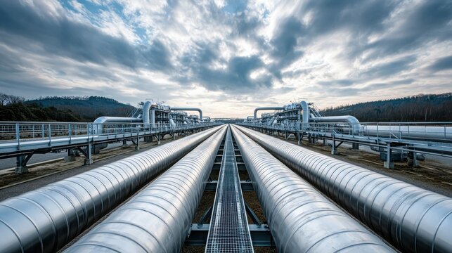 Extensive metal pipelines stretch towards the horizon under a dramatic, cloud-filled sky.