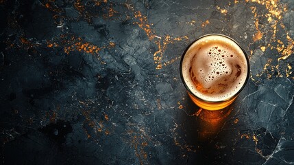 A top-down view reveals a refreshing pint of golden beer with a frothy head sitting on a dark marble surface speckled with shimme golden accents throughout.