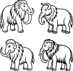 Cute Woolly Mammoth Line Art Set. Prehistoric Cartoon Animal Vectors.