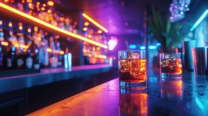 Two whiskey cocktails with ice cubes stand on a shiny bar counter, reflecting the colorful neon lights of the bar at night, creating a vibrant atmosphere.