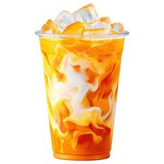 isolated transparent Background. Iced Thai milk tea with creamy swirls in clear plastic cup, refreshing and vibrant