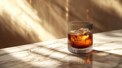 A refreshing old fashioned cocktail with a large ice cube sits on a marble table bathed in sunlight creating beautiful shadows on the textured surface.