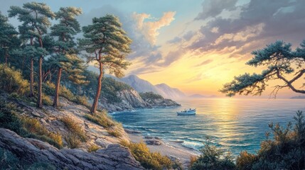 Serene Sunset Coastal Landscape: Golden Hour Painting