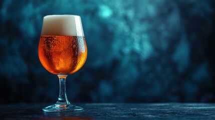 A beautifully lit glass of amber beer with a foamy head sits on a dark surface, ready to be enjoyed against a moody blue bokeh background in a bar setting.
