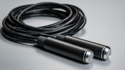 A close-up shot showcases a black jump rope, ready for a productive workout session.