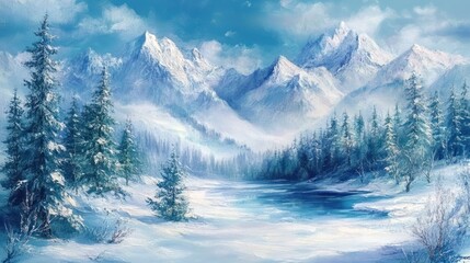 Serene Winter Wonderland: Majestic Mountains and Frozen Lake