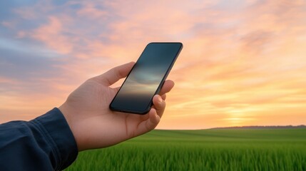 Person checking sobriety app at sunrise, peaceful background, hope and determination