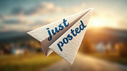 A paper airplane with just posted text flies against a blurred background.