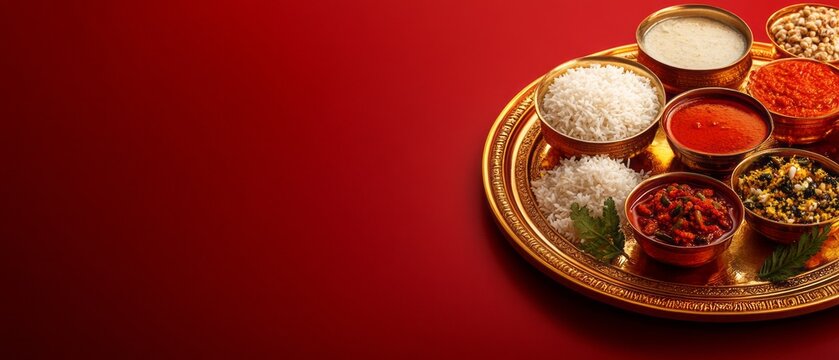 Colorful assorted traditional food on a golden platter.
