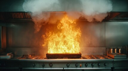 A dramatic scene captures a kitchen fire erupting, with flames leaping high from the stove.