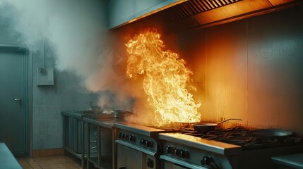A kitchen engulfed in flames with smoke and heat from a burning stove, representing danger.