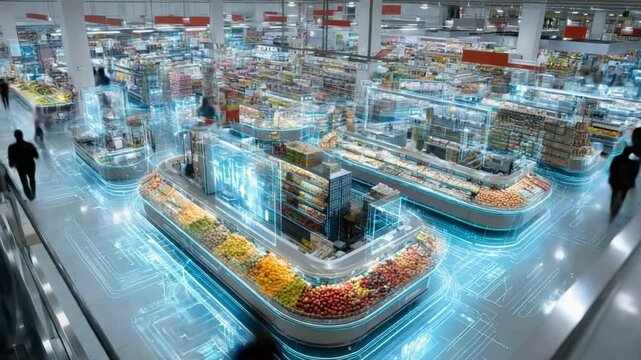 Supermarket with Technology Overlay: High-angle perspective showcases a large supermarket, augmented by a futuristic technological overlay.