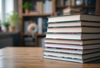 Fototapeta premium Stack of Books on a Wooden Table in a Cozy Study