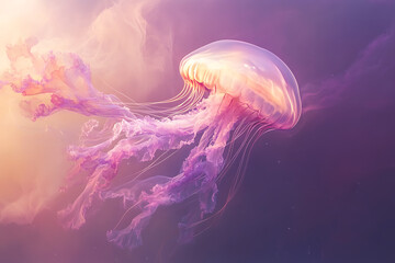 Fototapeta premium Ethereal jellyfish gracefully swims through a vibrant underwater scene, surrounded by colorful light