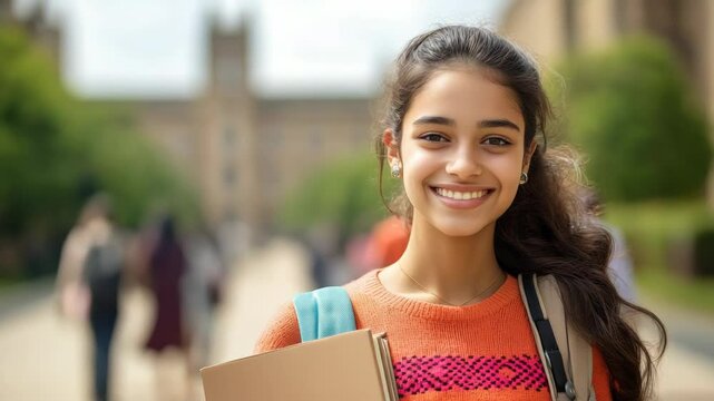 Young woman is smiling and holding a stack of books. She is wearing an orange sweater and has a backpack on her back. The scene takes place in a city street, with several other people walking around