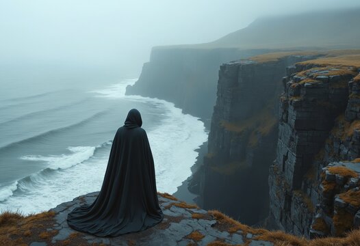 A solitary figure draped in a cloak stands on a rocky cliff overlooking a misty sea