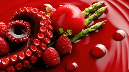 A beautifully plated dish with red octopus, fresh raspberries, and green asparagus.