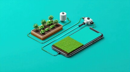 A smartphone is connected to a small garden and a battery in a conceptual illustration.