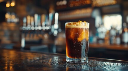A refreshing dark beverage with ice sits on a wet bar top, illuminated by the soft ambient lighting of a blurred background bar creating a cool ambiance.