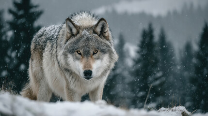 Obraz premium Grey Wolf in Snowy Mountain Forest Winter Wildlife