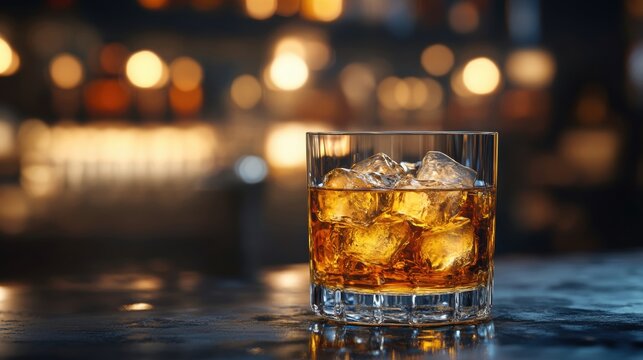 A glass of golden amber whiskey sits with ice cubes on a reflective bar surface with a warm bokeh background creating an inviting atmosphere for relaxation.