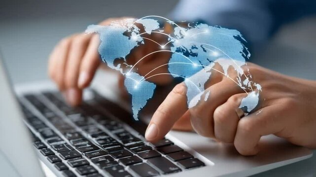 Global Connection Through Technology: A close-up shot features a pair of hands engrossed in operating a modern laptop, over layed with a network connecting world map.