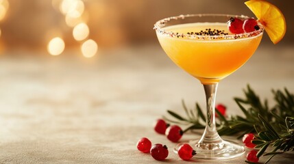 A beautifully garnished orange cocktail in a coupe glass sits among fresh cranberries and evergreen sprigs with a soft bokeh background creating a festive atmosphere.