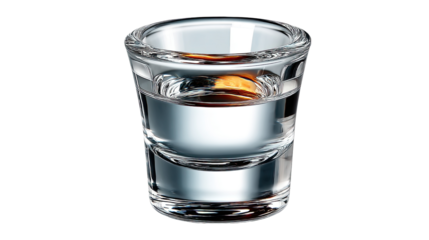 Crystal Clear Drink: A close-up view of a shot glass filled with a transparent, refreshing beverage. The crystal-clear liquid sparkles under the light, inviting a moment of pure refreshment.