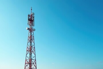 Tall antenna tower against a clear blue sky, broadcasting signal , infrastructure, wireless, clouds