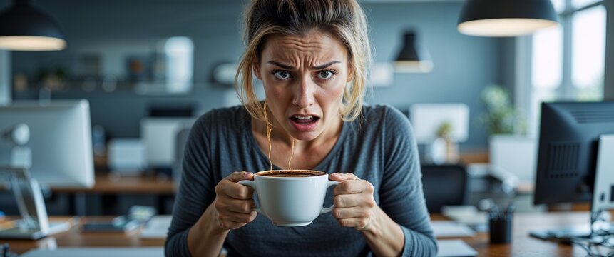 Flustered adult woman holding a spilled coffee on an office desk background