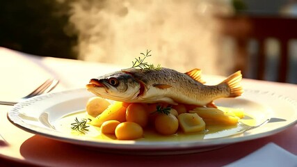 Whole roasted fish plated with baby potatoes and herbs styled in rustic fine dining presentation