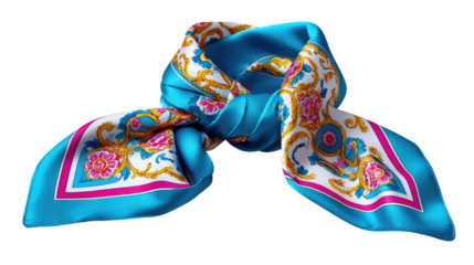 Silk Scarf: A close-up shot showcases a vividly colored silk scarf, adorned with intricate floral and ornate patterns, folded gracefully to display its vibrant design and luxurious texture.