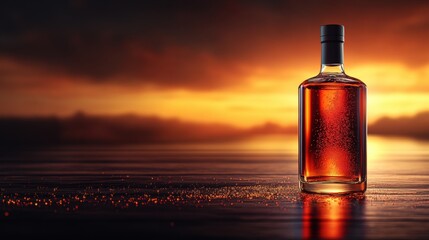 A glass bottle filled with amber liquid stands elegantly against a backdrop of a fiery sunset over a calm body of water, creating a warm and inviting scene.