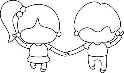 Obraz premium Continuous one line drawing of happy children jumping and holding hands, minimalist sketch in black on white background