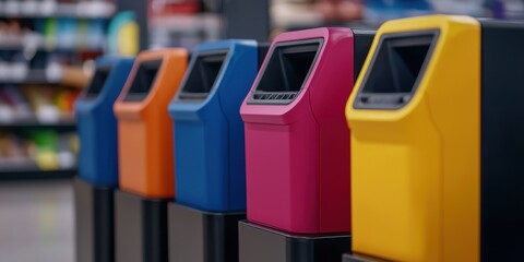 Fototapeta premium Colorful recycling bins arranged in a row for waste sorting in a modern indoor environment.