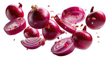 Red Onion Slices in Air: Vibrant red onions, whole and sliced, float dynamically against a clean backdrop, showcasing their rich color and texture.