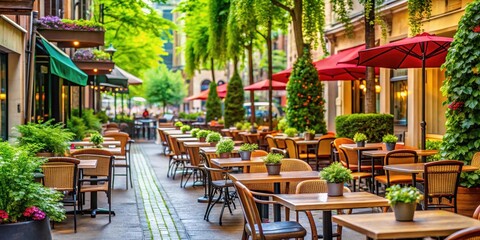 Naklejka premium Bustling outdoor dining area with vibrant cafe backdrop