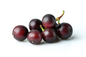 Fototapeta premium A cluster of ripe grapes with their dark skins and natural sheen, resting on a white background for contrast.