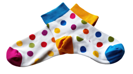 Colorful Polka Dot Socks: Two playful socks, adorned with vibrant polka dots in a kaleidoscope of hues, rest casually against a simple background, showcasing a blend of style and comfort.