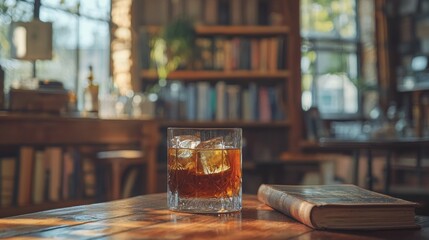 A glass of whiskey with ice sits beside an old book on a wooden table in a cozy room filled with natural light and a full bookcase in the background.