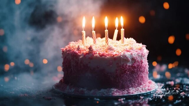 Lit birthday cake with candles in a soft magical light setting.